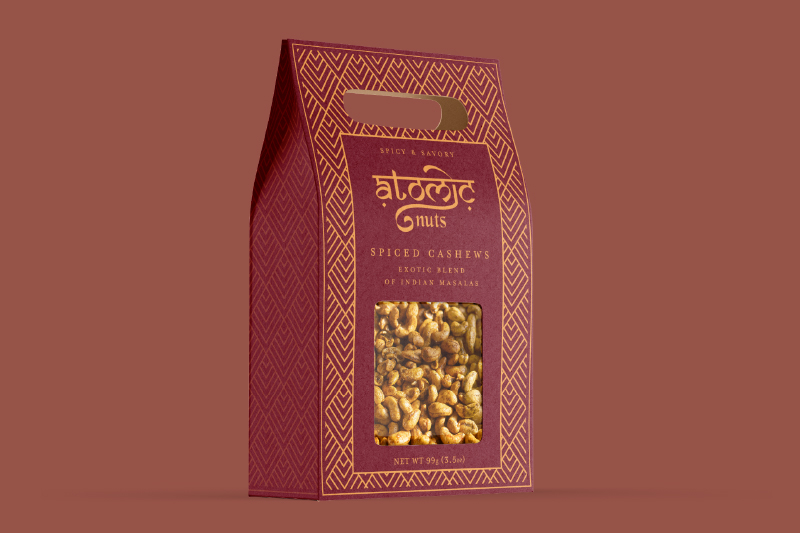 image of new packaging design for Atomic Nuts spiced cashews