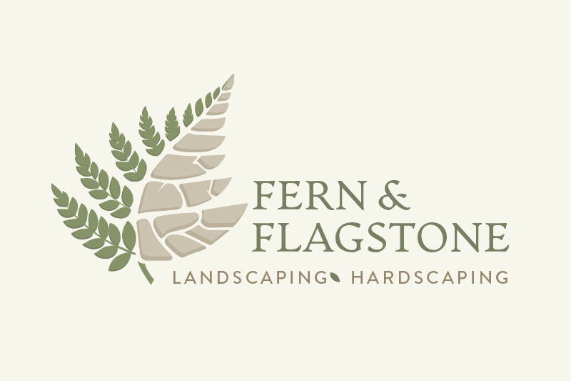 logo incorporating fern and flagstone shape for landscaping company
