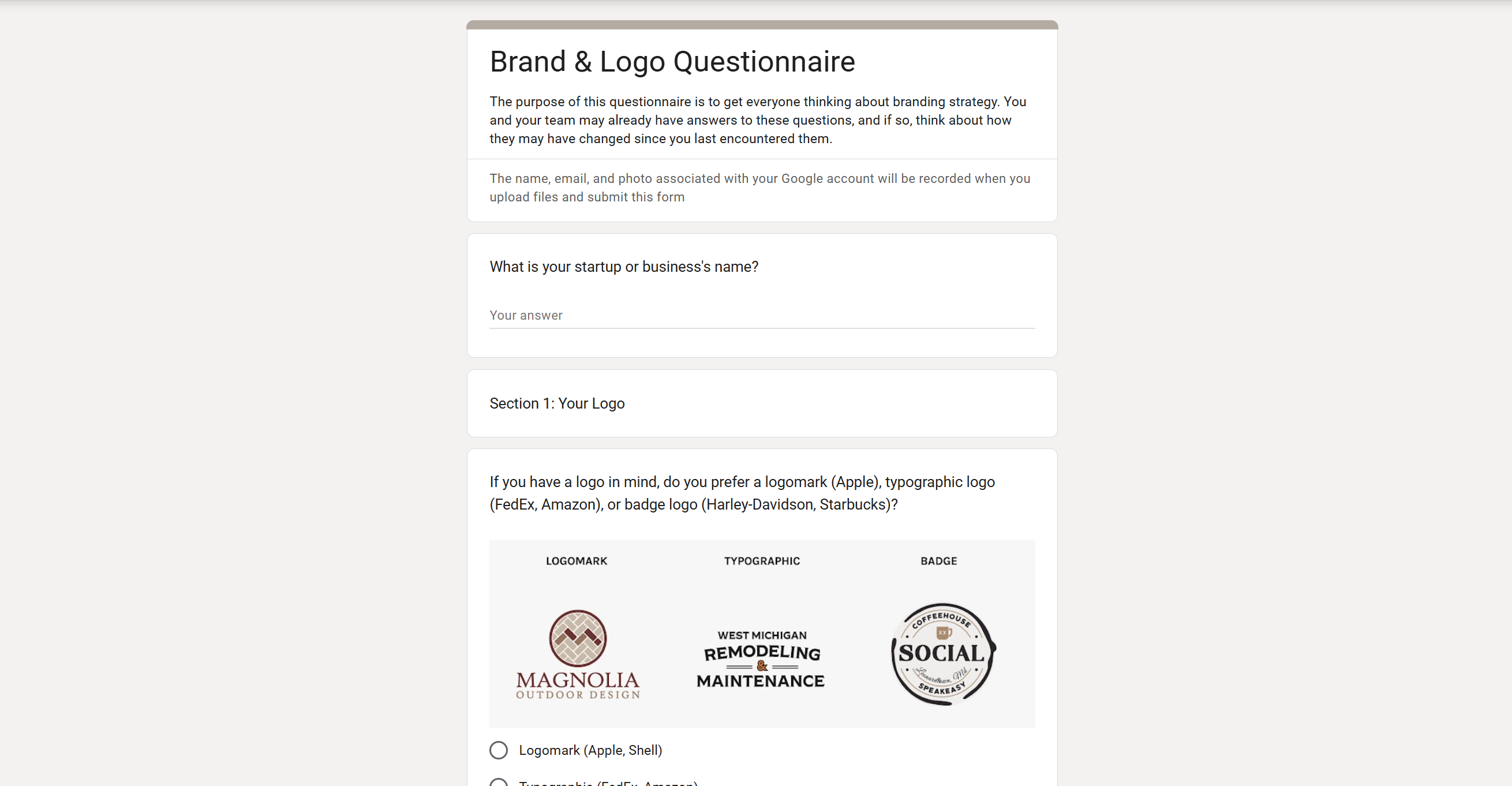 image of our brand questionnaire we use at the start of every logo design process