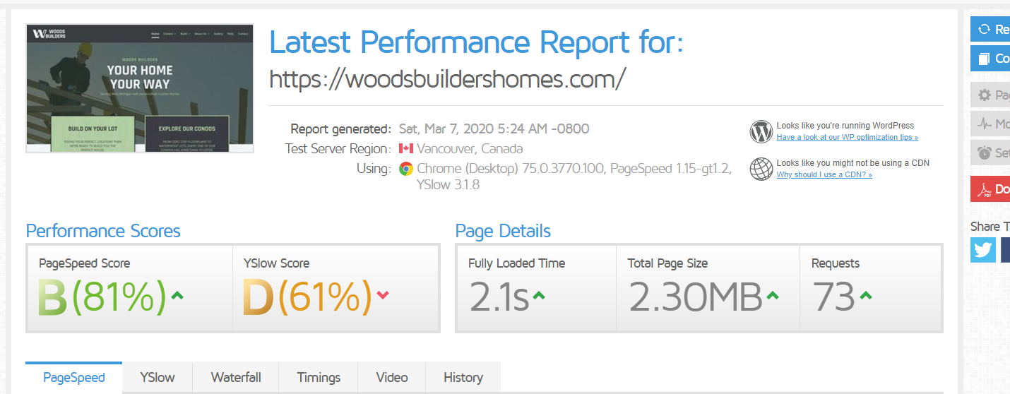 woods builders site speed